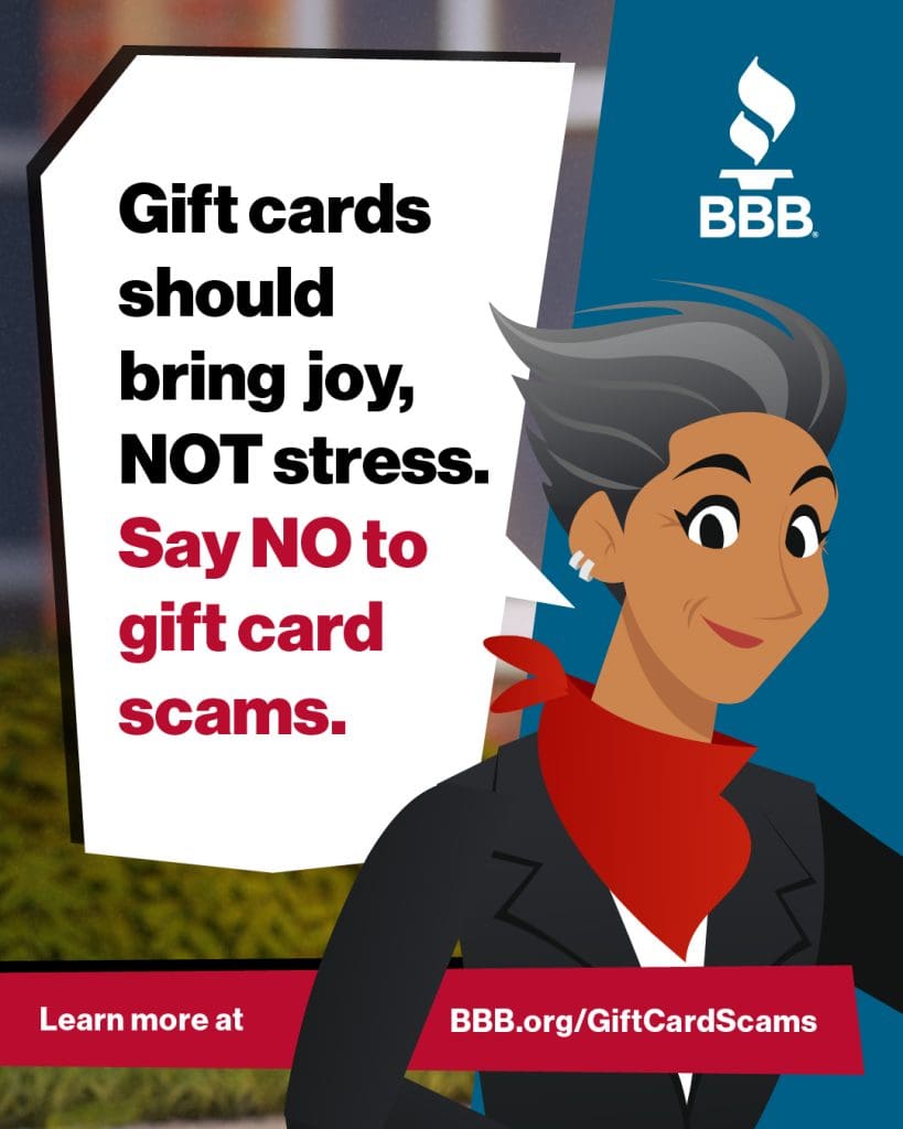 A picture of sue smiling. The text says: "gift cards should bring joy, not stress. Say no to gift cards"