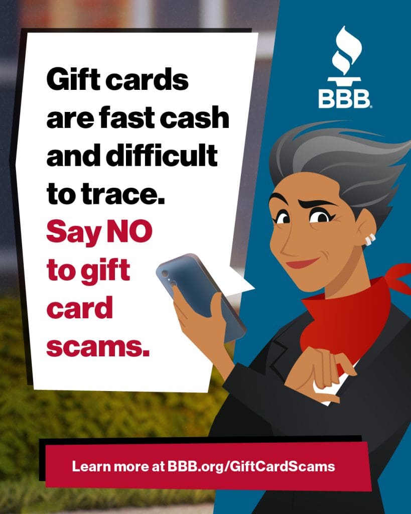 A picture of sue looking confident. Text says: "Gift cards are fast cash and difficult to trace. Say no to gift card scams."