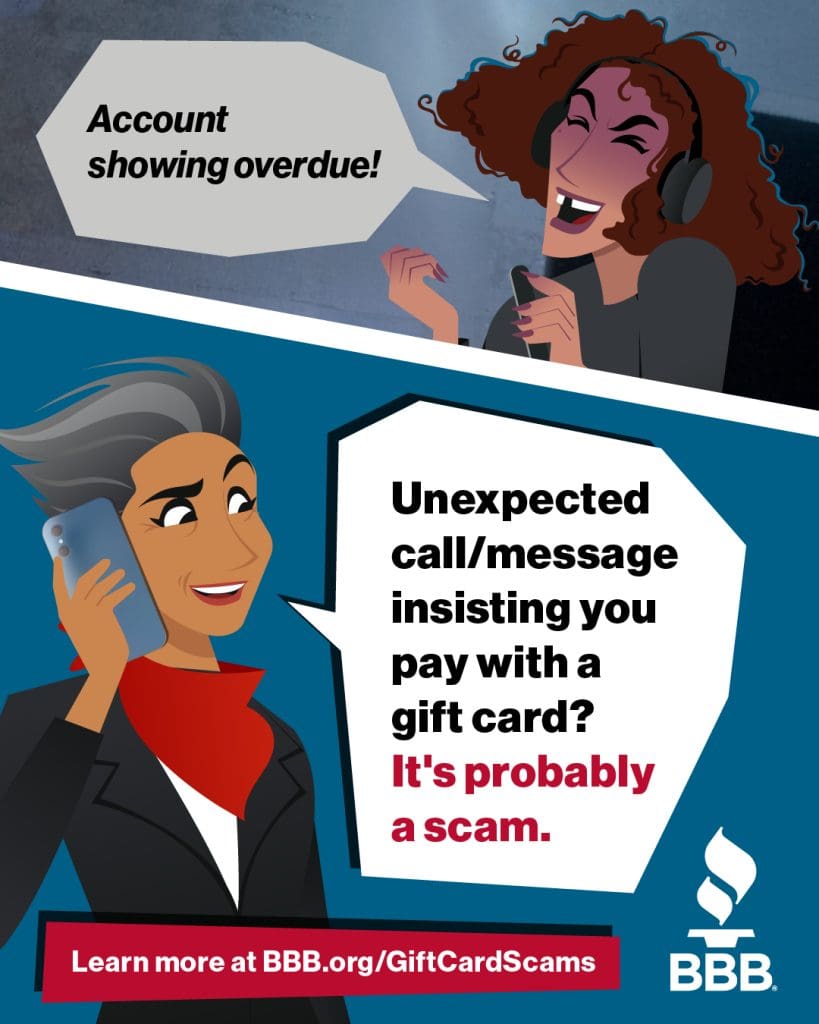 A picture of a scammer on the phone telling sue her account is overdue. Another picture of Sue replying "Unexpected call/message insisting you pay with a gift card? It's probably a scam."