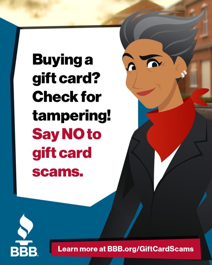 A picture of Sue looking confident. Text says: "Buying a gift card? Check for tampering. Say no to gift card scams."