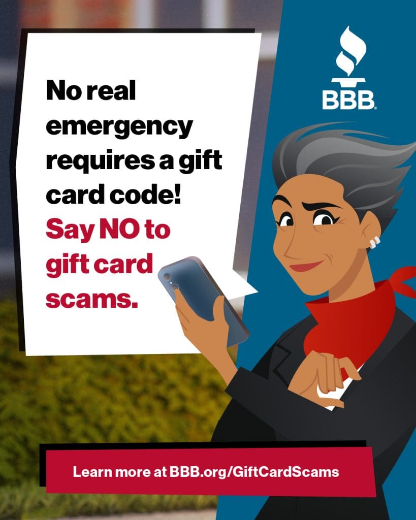 A picture of sue looking confident. Text says: "no real emergency requires a gift card code. Say no to gift card scams."