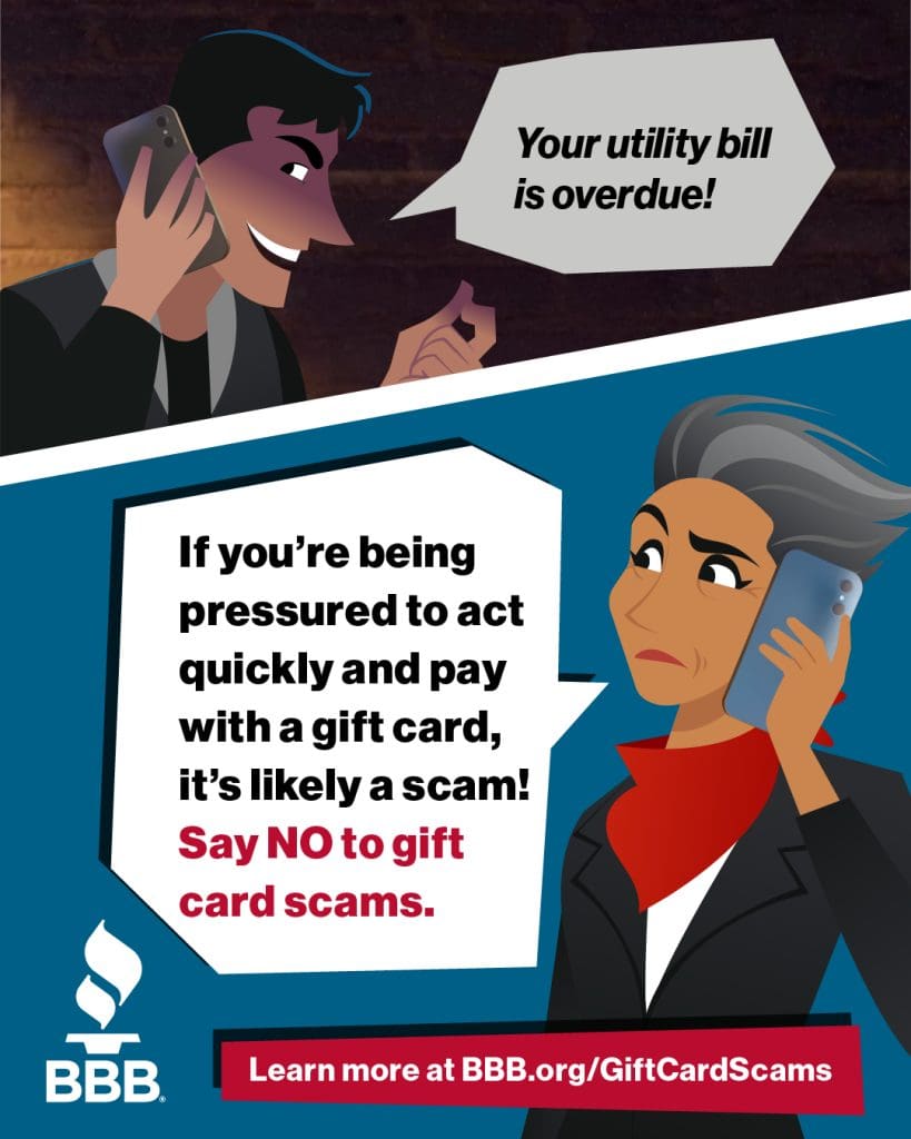 A picture of a male scammer on the phone saying that "your utility bill is overdue." Another picture of Sue on the phone saying: "If you're being pressured to act quickly and pay with a gift card, it's likely a scam. Say no to gift card scams."