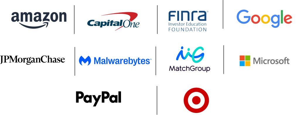 logos for amazon, capital one, finra investor education foundation, google, jp morgan chase, malwarebytes, match group, microsoft, paypal, and target